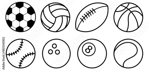 Collection Of Black And White Sports Balls Flat style