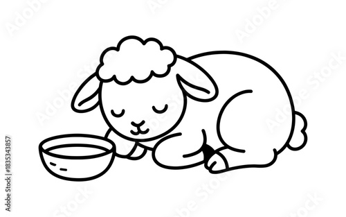 Cute sheep sketch with bowl: adorable baby animal with simple black and white line art