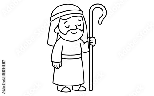 Simple line drawing of a smiling shepherd with staff in robe