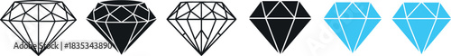Set of geometric diamond icons in outline solid and blue crystal styles for jewelry luxury branding vector illustration