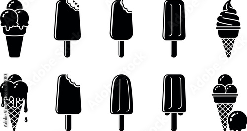 Set of ice cream and popsicle silhouette icons including cones scoops and bitten bars for dessert and summer vector design