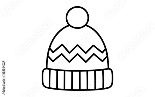 Cozy winter hat outline with zigzag pattern and pom pom