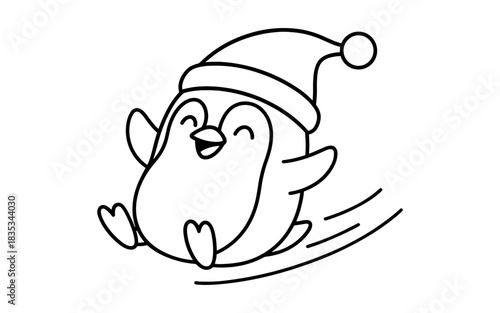 Cute penguin sliding in a santa hat - black and white cartoon outline