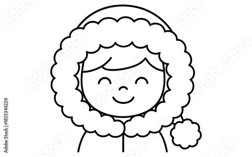 Happy child dressed in warm winter coat with fluffy hood in black and white outline
