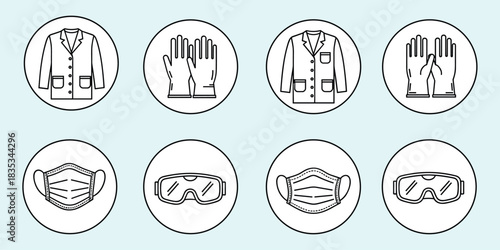 PPE icons, lab coat, gloves, face mask, safety goggles, protective gear, medical safety equipment, flat vector illustration