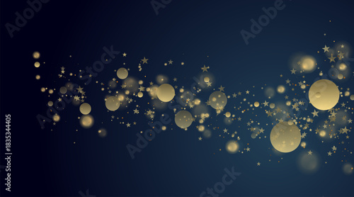 Glowing golden stars and shiny particles abstract background. New Year and Christmas bokeh gold lights vector graphic design