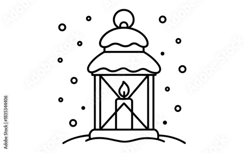 Winter lantern with candle and snowflakes in linear style