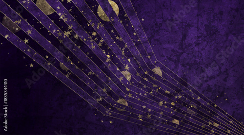 Golden stars and shiny particles on violet grunge striped background. New Year and Christmas abstract retro vector graphic design