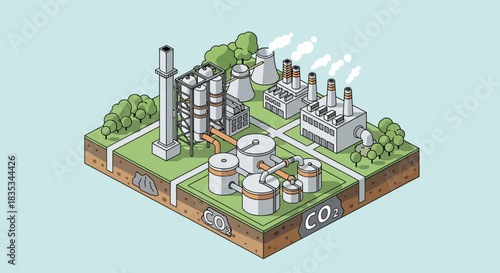 Isometric illustration of a carbon capture and storage facility.