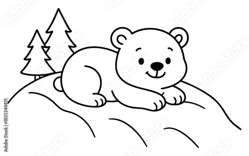 Cute bear cub relaxing on a hill in a forest