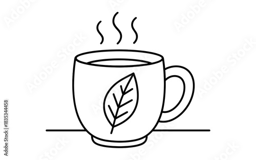Minimalist outline of a steaming tea cup with leaf design