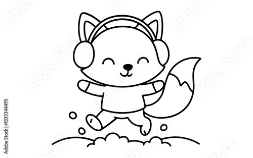 Happy fox listening to music: adorable outline drawing for coloring fun