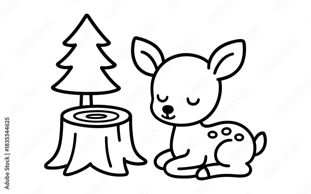 Fototapeta premium Cute outline of resting fawn beside tree stump for kids' coloring books