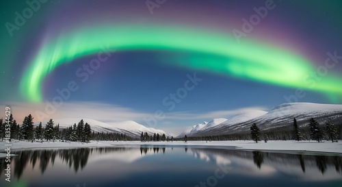 Vibrant Aurora Borealis Arches Over Serene Winter Landscape with Reflective Lake.