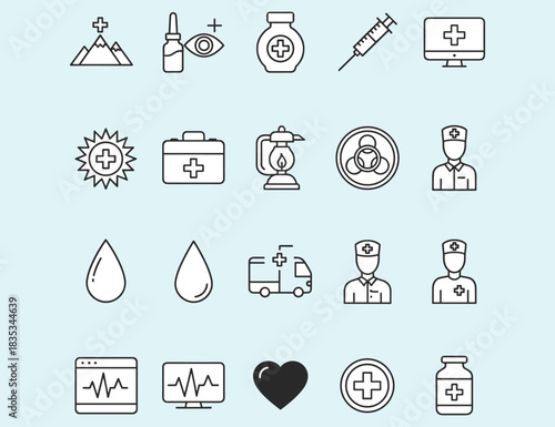 Medical icons, healthcare symbols, hospital tools, emergency kit, heart monitor, syringe, medicine bottle, first aid, doctor, nurse, flat vector illustration