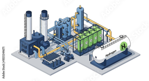 Isometric illustration of a green hydrogen production plant facility.