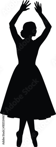 Elegant black silhouette of a graceful ballerina dancer performing on pointe shoes with raised arms on a white background, isolated vector illustration.