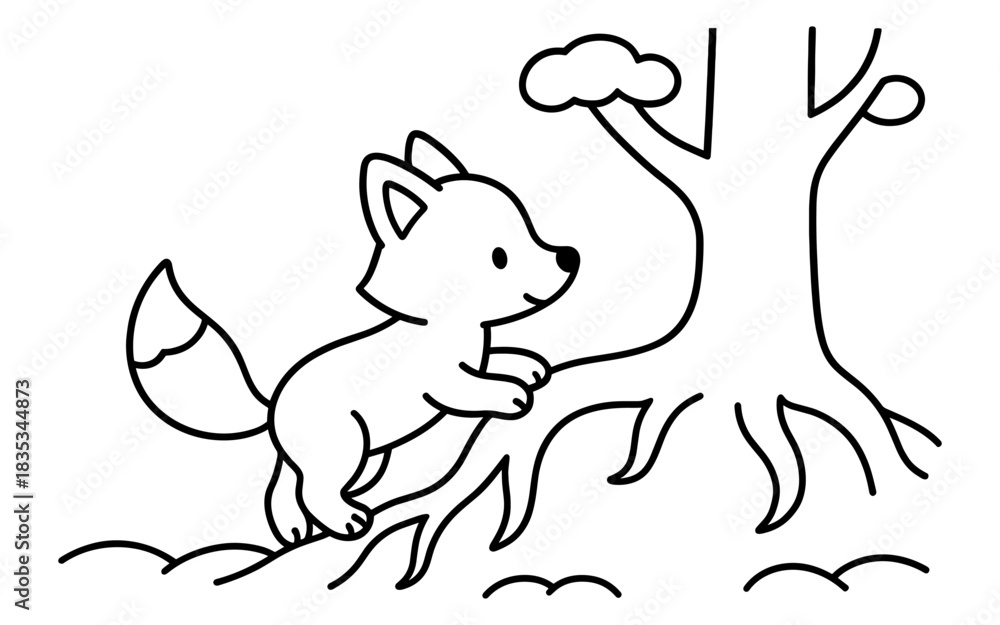Obraz premium Cute fox exploring the forest: minimalist black and white line art for kids