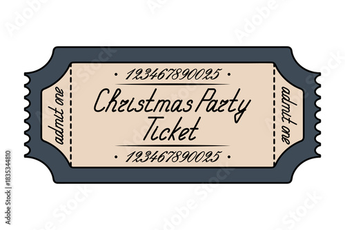 Christmas party ticket "Admit One." Blue coupon. Handwritten cursive lettering with a capital letter. Color vector illustration. Tear-off ticket with a number. Isolated on white background. 