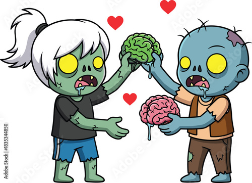 Cute zombie couple sharing fresh brains, showing undead love and bizarre romance, cartoon illustration for Halloween, spooky, funny, quirky, sweet, weird, creepy dating vector graphic.