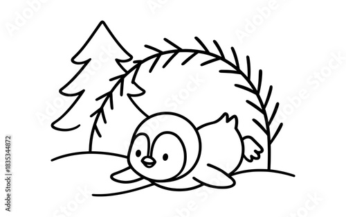 Cute penguin coloring page with winter forest scene for kids activities