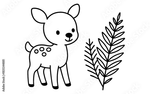Cute cartoon fawn with fern leaves: adorable black and white outline art