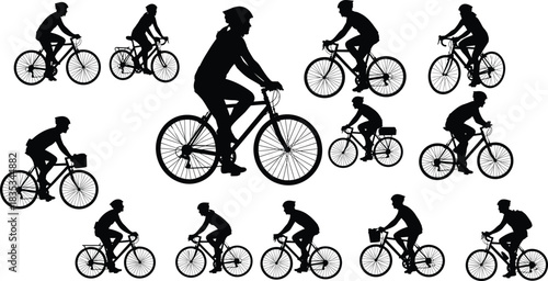 Cyclist silhouette set, riding bike collection, black vector illustration, isolated on white background, sport activity, transportation, active people