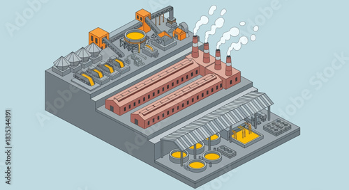 Isometric Illustration of a Steel Mill with Furnaces and Production Lines.