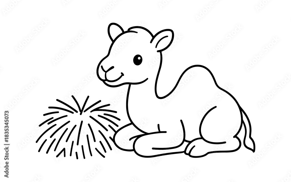 Fototapeta premium Cute baby camel with grass in simple black and white outline art