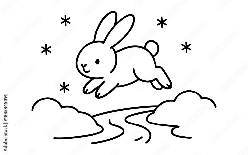 Fototapeta premium Cute bunny hopping in snow: minimalist animal design for kids