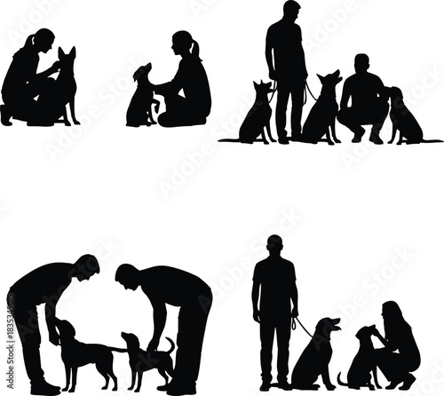 Dog training silhouette, pet interaction, human and dog poses, companionship theme, black figure, vector art, animal care, obedience concept