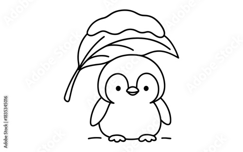 Cute penguin sheltering under leaf in simple line art