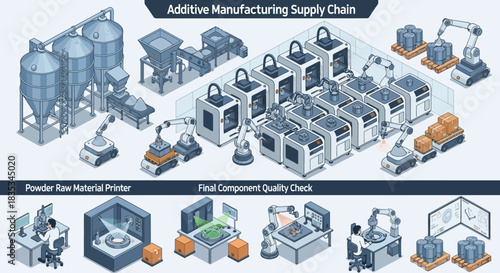Isometric Illustration of an Additive Manufacturing Supply Chain Process.