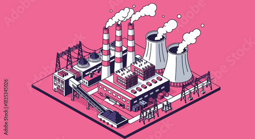 Isometric illustration of an industrial factory complex with smokestacks.