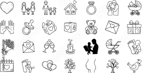 Family Line Art Icons: Love, Marriage, and Babies Vector Set
