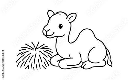 Cute baby camel with grass in simple black and white outline art