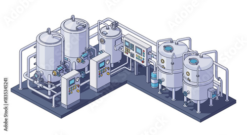 Isometric illustration of an industrial water purification plant equipment.