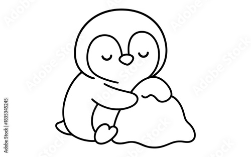 Cute penguin hugging pillow: adorable animal line art for kids coloring