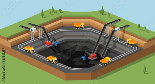 Isometric illustration of an open pit coal mining operation.