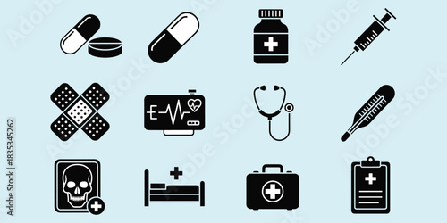 Medical icons, healthcare tools, syringe, stethoscope, pills, heart monitor, hospital bed, clipboard, X-ray, flat vector illustration