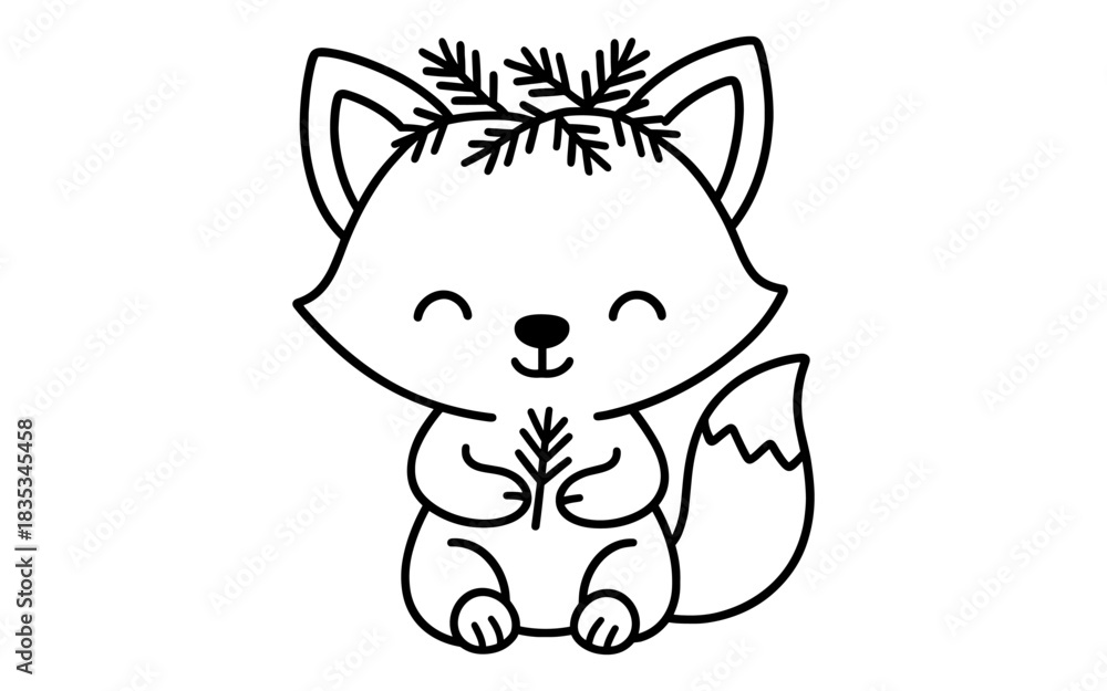 Naklejka premium Cute cartoon fox with branch crown and leaf in black and white line art