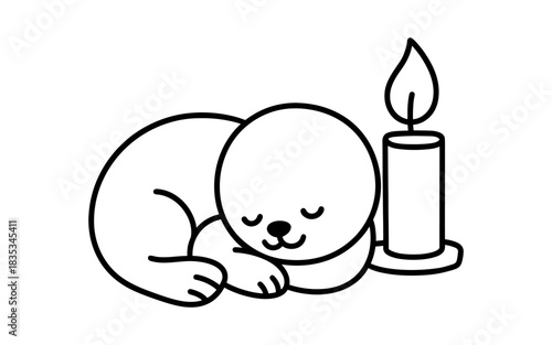 Minimalist line art: sleeping seal pup with candle in black and white