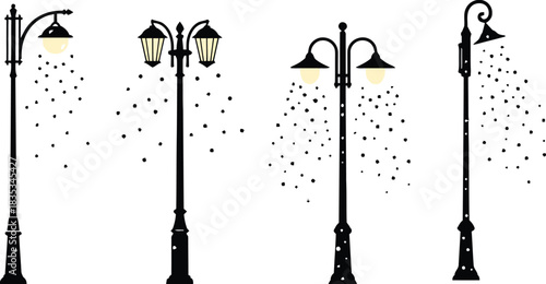 Illuminating Cityscapes: A quartet of antique street lamps casts a warm, inviting glow, their classic designs evoking a sense of timeless elegance.