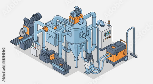 Isometric Industrial Dust Collection System Illustration.
