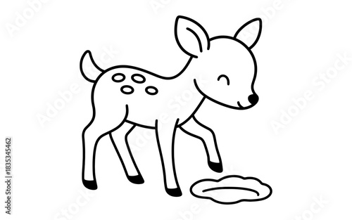 Cute cartoon fawn exploring a puddle in simple line art style