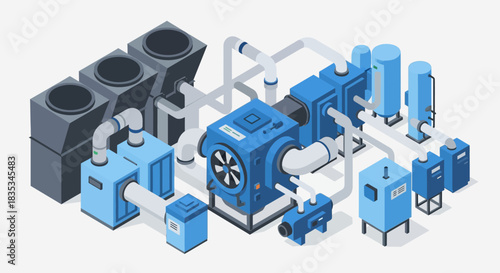 Isometric Industrial HVAC System with Cooling Towers and Ventilation.
