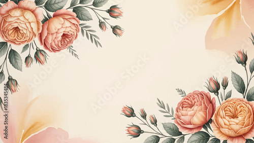 Watercolor peach floral frame background for wedding invitations, Elegant handpainted blush and orange flower border design, Romantic pastel botanical corner decoration template, Soft watercolor textu