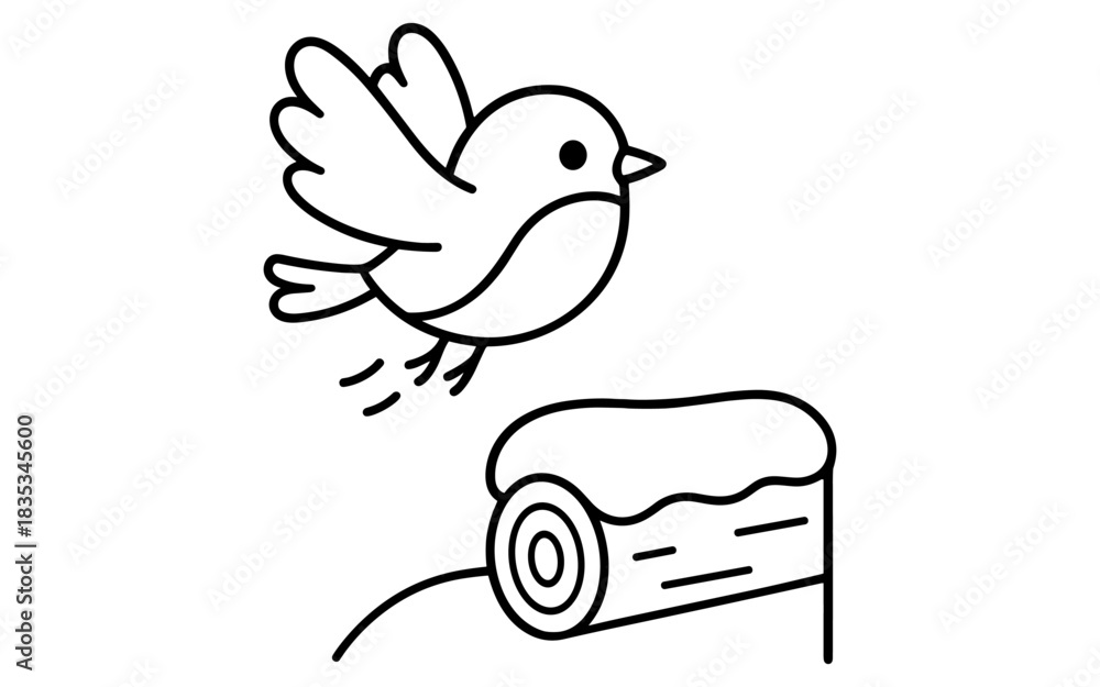 Obraz premium Simple outline of flying bird near forest log in minimalist style