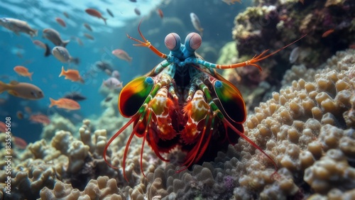Vibrant mantis shrimp amidst coral reef