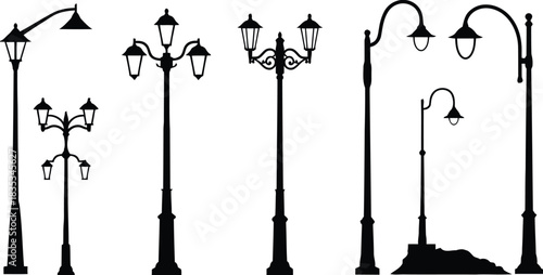 Illuminating Silhouette: A collection of stylized streetlights, each with a unique design, stand tall in monochrome, evoking the charm of a bygone era. 